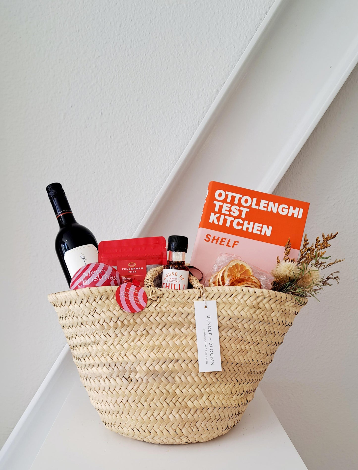 Merry & Joyful Market Basket with premium wine, artisan chocolates, and festive gourmet treats by Bundle + Blooms.