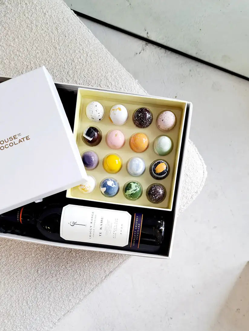 Deluxe Celebrate Them Gift box including Craggy Range wine and hand-painted bon bons.