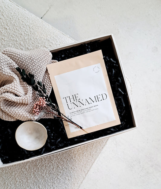 Little Luxe for Her gift box featuring a handcrafted ceramic trinket dish, nourishing face mask, and luxurious face cloth by Bundle + Blooms.